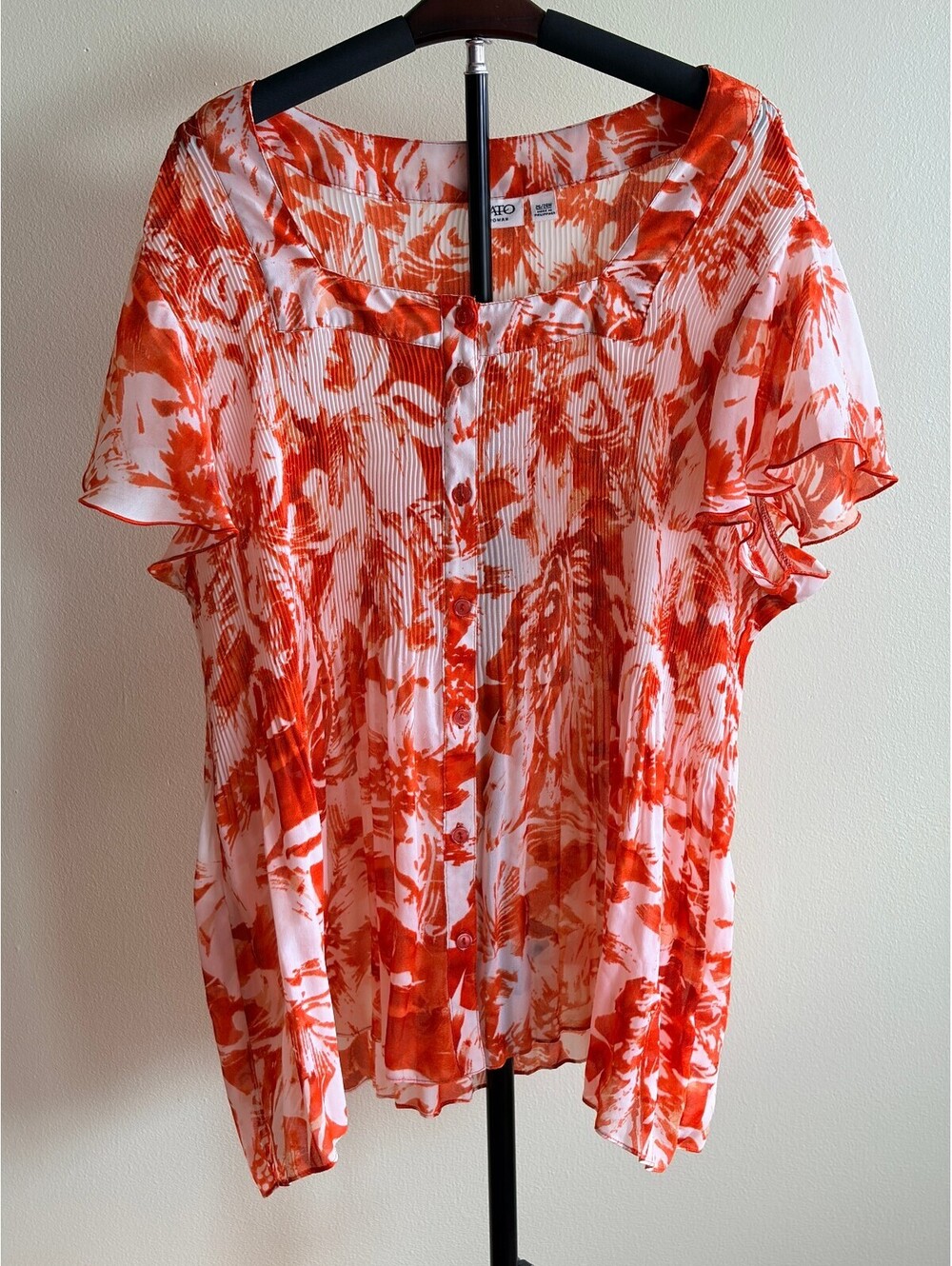 Cato Woman 26/28W Orange White Floral Pleated Flutter Sleeve Blouse